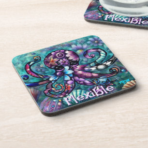 Whimsical Octopus Floral Teal Coastal Personalized Coaster