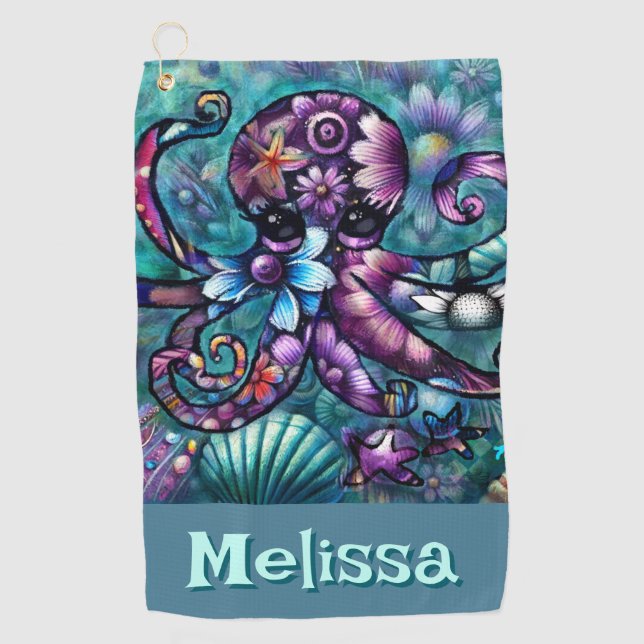 Whimsical Octopus Floral Teal Coastal Personalized Golf Towel (Front)