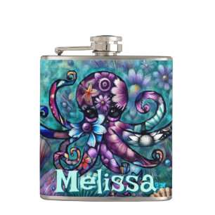 Whimsical Octopus Floral Teal Coastal Personalized Hip Flask