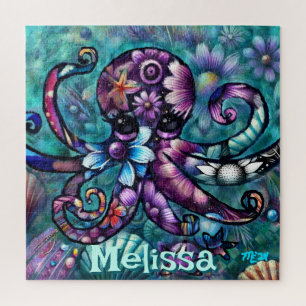 Whimsical Octopus Floral Teal Coastal Personalized Jigsaw Puzzle