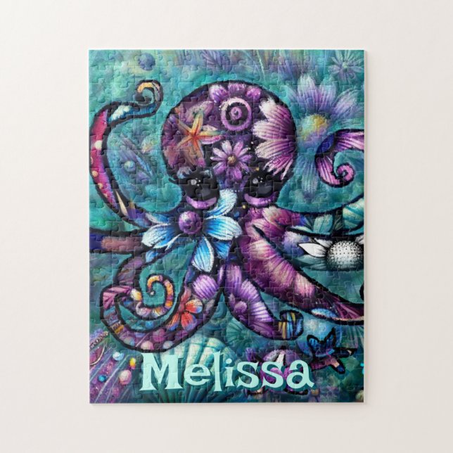Whimsical Octopus Floral Teal Coastal Personalized Jigsaw Puzzle (Vertical)