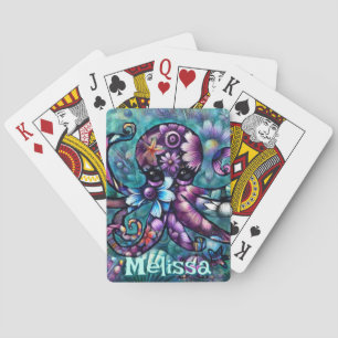 Whimsical Octopus Floral Teal Coastal Personalized Playing Cards