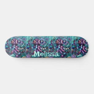 Whimsical Octopus Floral Teal Coastal Personalized Skateboard