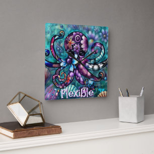 Whimsical Octopus Floral Teal Coastal Personalized Square Wall Clock