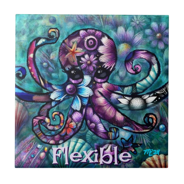 Whimsical Octopus Floral Teal Coastal Personalized Tile (Front)