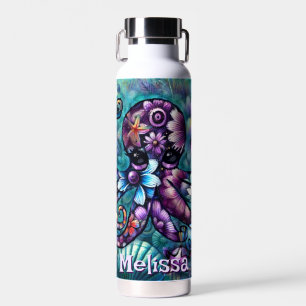 Whimsical Octopus Floral Teal Coastal Personalized Water Bottle
