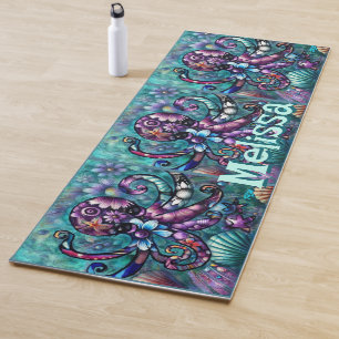 Whimsical Octopus Floral Teal Coastal Personalized Yoga Mat