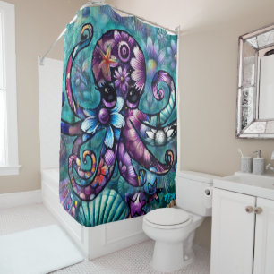 Whimsical Octopus Floral Teal Purple Blue Coastal