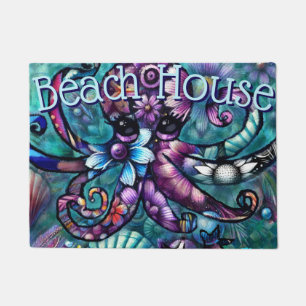 Whimsical Octopus Floral Teal Purple Blue Coastal Doormat