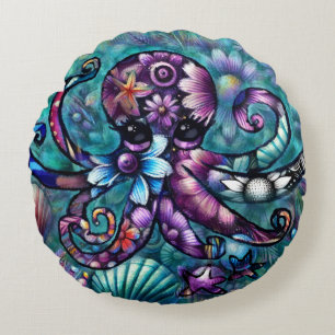 Whimsical Octopus Floral Teal Purple Blue Coastal Round Pillow