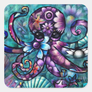 Whimsical Octopus Floral Teal Purple Blue Coastal Square Sticker