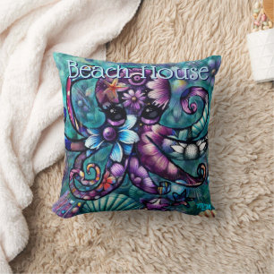 Whimsical Octopus Floral Teal Purple Blue Coastal Throw Pillow