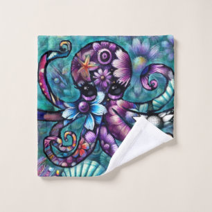 Whimsical Octopus Floral Teal Purple Blue Coastal Wash Cloth