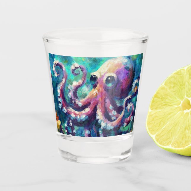 Whimsical Octopus Oil Painting Nautical Beach Shot Glass (Front)