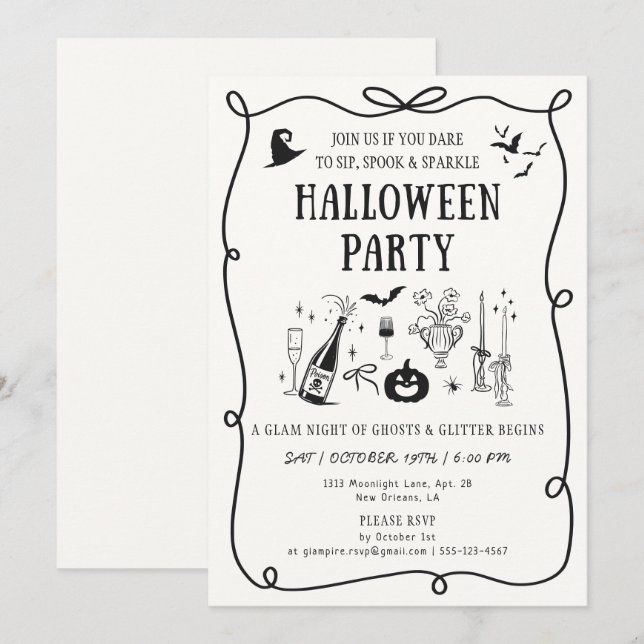 Whimsical off-white Boos & Bows Halloween Party Invitation (Front/Back)