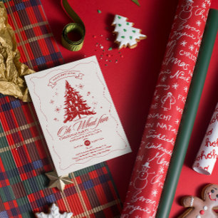 Whimsical Oh What Fun Christmas Tree Red Beige Invitation
