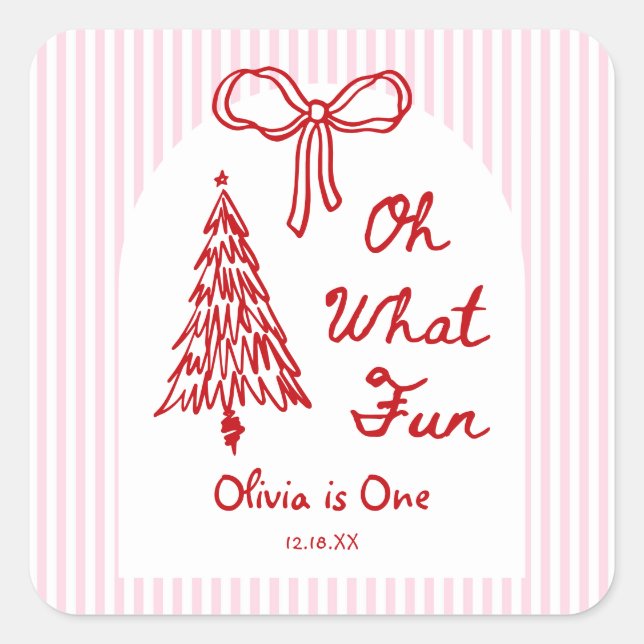 Whimsical Oh What Fun Girl 1st Birthday Party Square Sticker (Front)