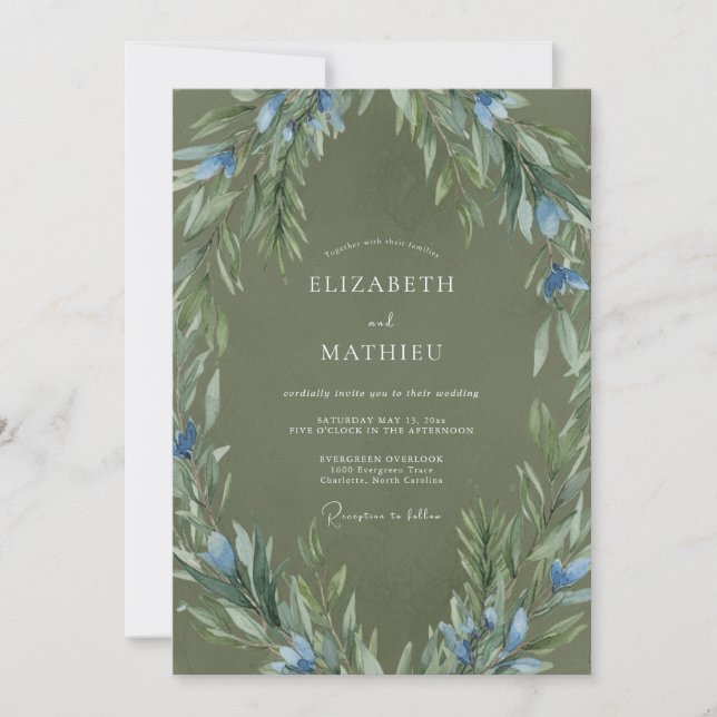 Whimsical Olive Cornflower Wreath Wedding Invitation (Front)