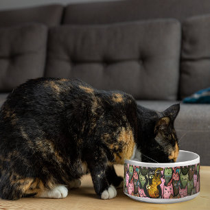 Whimsical Olive Green and Pink Cat Bowl