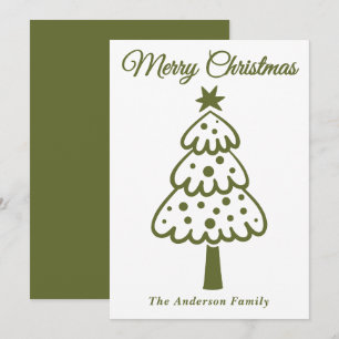 Whimsical Olive Green Hand Drawn Christmas Tree Holiday Card