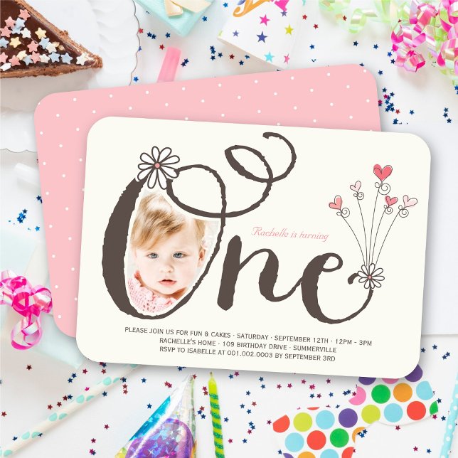 Whimsical One Pink Baby Girl 1st Birthday Photo Invitation (Whimsical One, White Daisy, Pink Hearts, Baby Girl's 1st Birthday Photo Invitation @ fat_fa_tin)