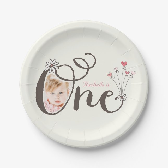 Whimsical One Pink Baby Girl 1st Birthday Photo Paper Plate (Front)
