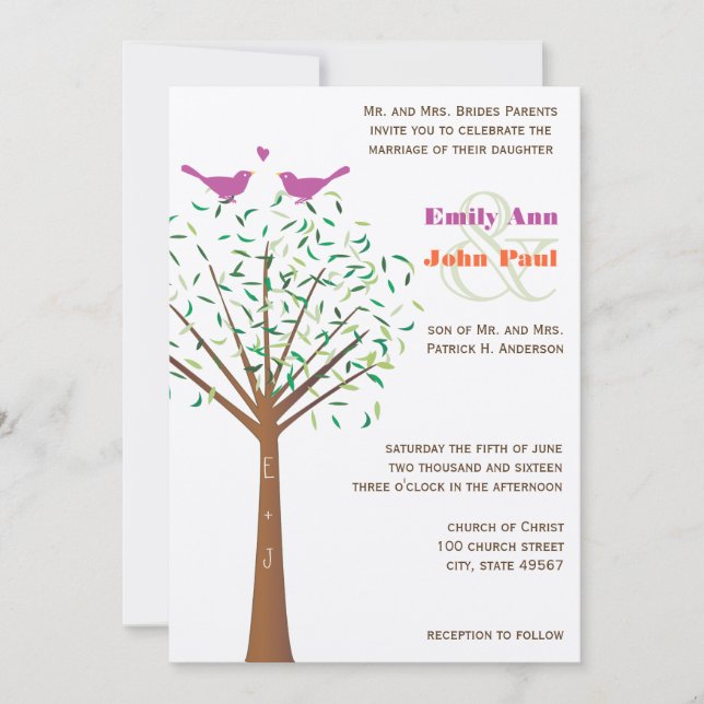 Whimsical Orange and Fuchsia Love Bird Tree Invite (Front)