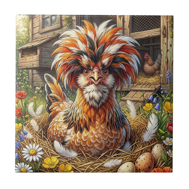 Whimsical Orange and White Polish Chicken Coop Tile (Front)