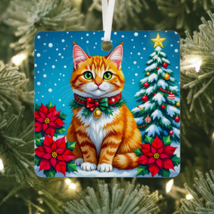 Whimsical Orange Cat and Custom Message Christmas Metal Ornament