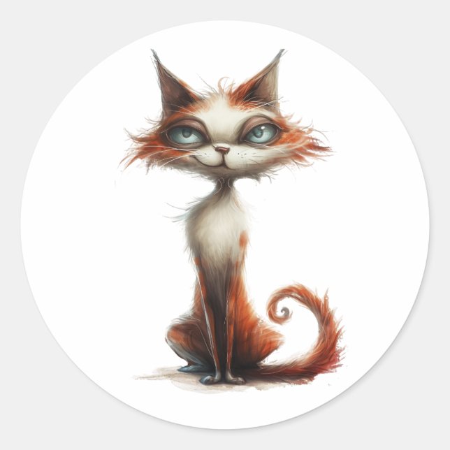 Whimsical Orange Cat Cartoon Illustration Classic Round Sticker (Front)