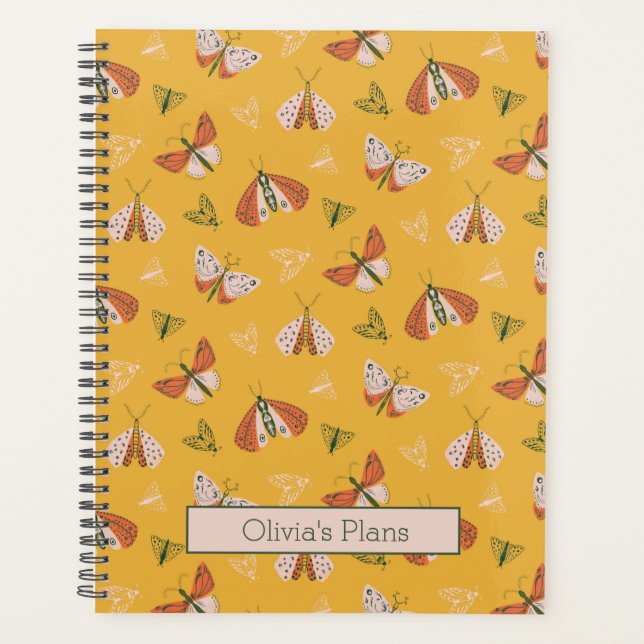 Whimsical Orange Ecru Moths Personalized Planner (Front)