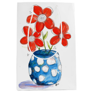 Whimsical Orange Flowers in Blue Medium Gift Bag