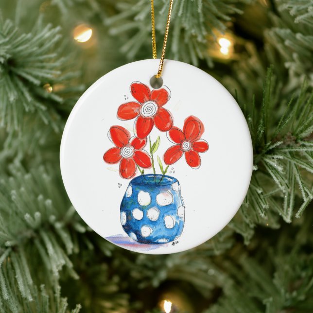 Whimsical Orange Flowers in Blue Vase Ceramic Ornament (Tree)