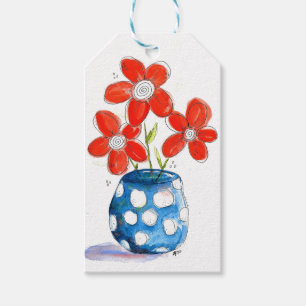 Whimsical Orange Flowers in Blue Vase Gift Tags