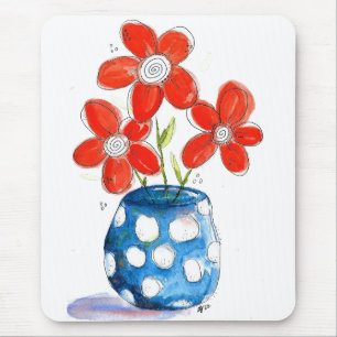 Whimsical Orange Flowers in Blue Vase Mouse Pad