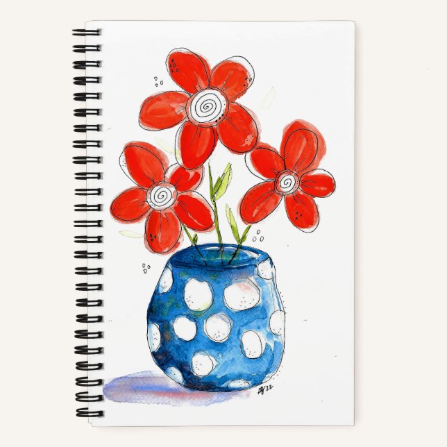 Whimsical Orange Flowers in Blue Vase Notebook (Front)