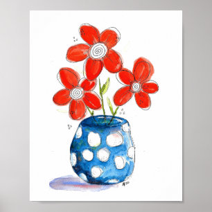 Whimsical Orange Flowers in Blue Vase Poster