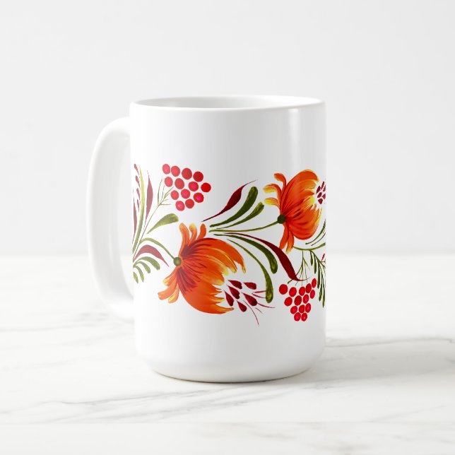 Whimsical orange flowers mug (Front Left)