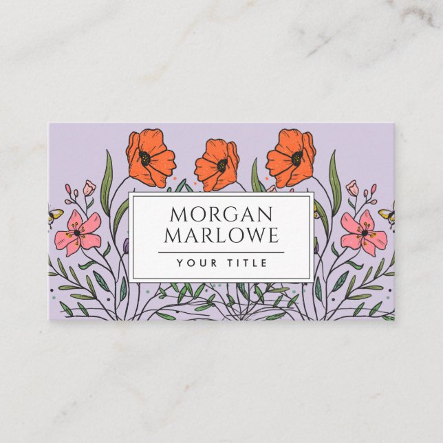 Whimsical Orange Pink Boho Floral Bouquet Lavender Business Card (Front)