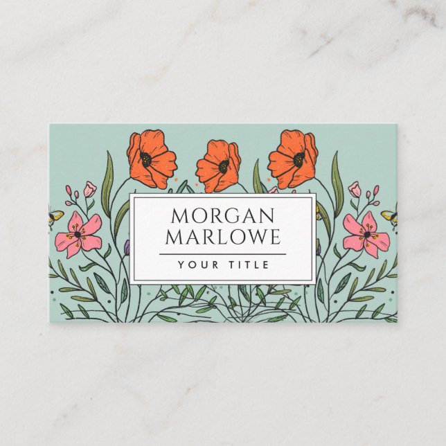 Whimsical Orange Pink Cute Floral Bouquet Green Business Card (Front)