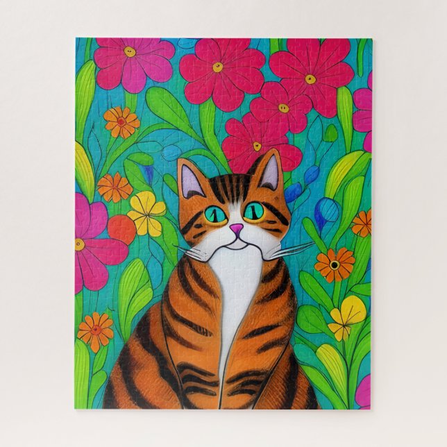 Whimsical Orange Striped Cat with Pink Flowers Jigsaw Puzzle (Vertical)