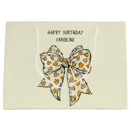Whimsical Orange Yellow Coquette Heart Bow Large Gift Bag