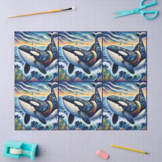 Whimsical Orca Whale Beach Coastal Decoupage  Tissue Paper (Craft)