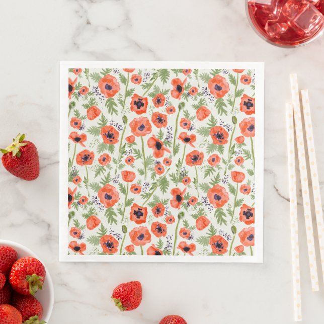 Whimsical Oriental Poppy Pattern Napkin (Insitu)