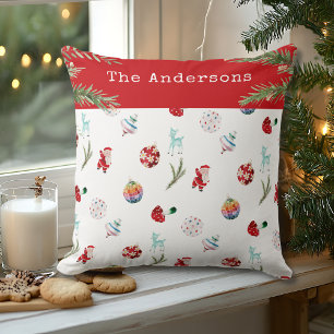 Whimsical Ornaments Family Name Photo Christmas Throw Pillow
