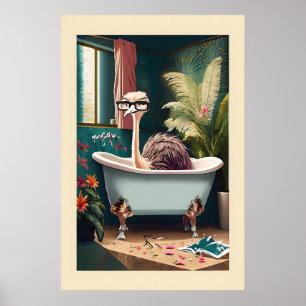 Whimsical Ostrich in Bathtub Watercolor Art Print