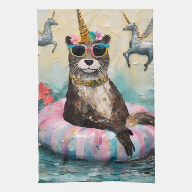 Whimsical Otter and Unicorns Floating on a River Kitchen Towel (Vertical)
