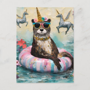 Whimsical Otter and Unicorns Floating on a River Postcard