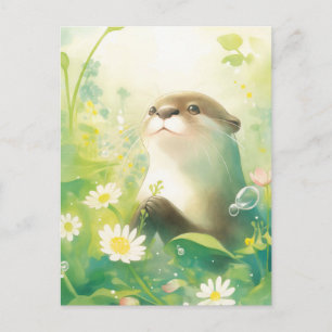 Whimsical Otter in Spring Daisy Meadow Postcard