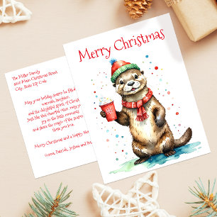 Whimsical Otter with Festive Hat Christmas Holiday Postcard